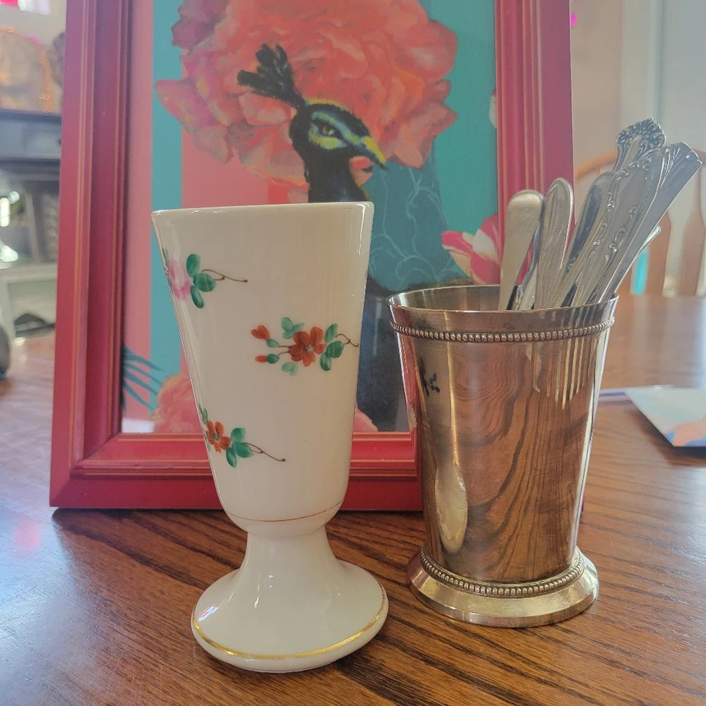 Vintage Porcelain Footed Vase ~ Flowers ~ Mazagran Style Cup?~ Pretty!